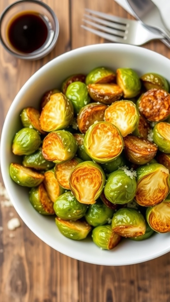 Crispy air-fried Brussels sprouts topped with Parmesan cheese in a bowl on a wooden table.